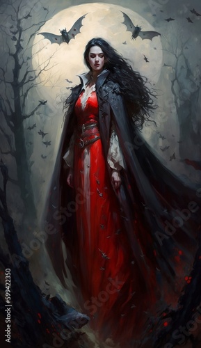 A vampire character standing in front of a full moon in a dark forest, Generative AI