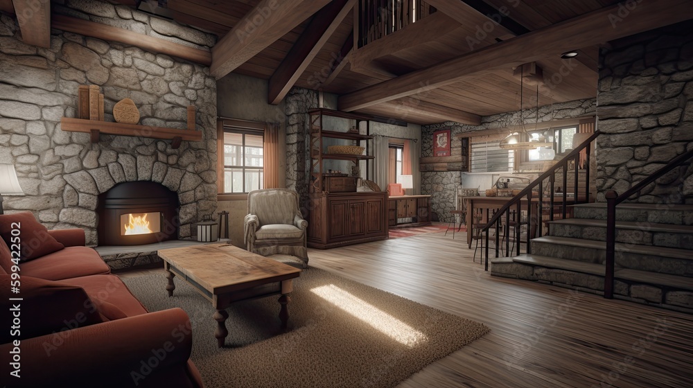 Rustic farmhouse living room with a stone fireplace. generative ai