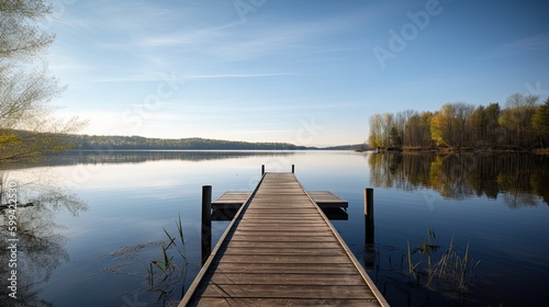 Serene lakeside retreat, with a wooden dock and a clear blue sky. The atmosphere is tranquil and peaceful. generative ai © Neo