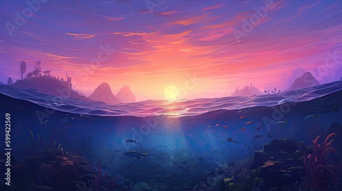 Underwater seascape at dusk, with a pink and purple sky and schools of tropical fish. The atmosphere is magical and serene. generative ai © Neo