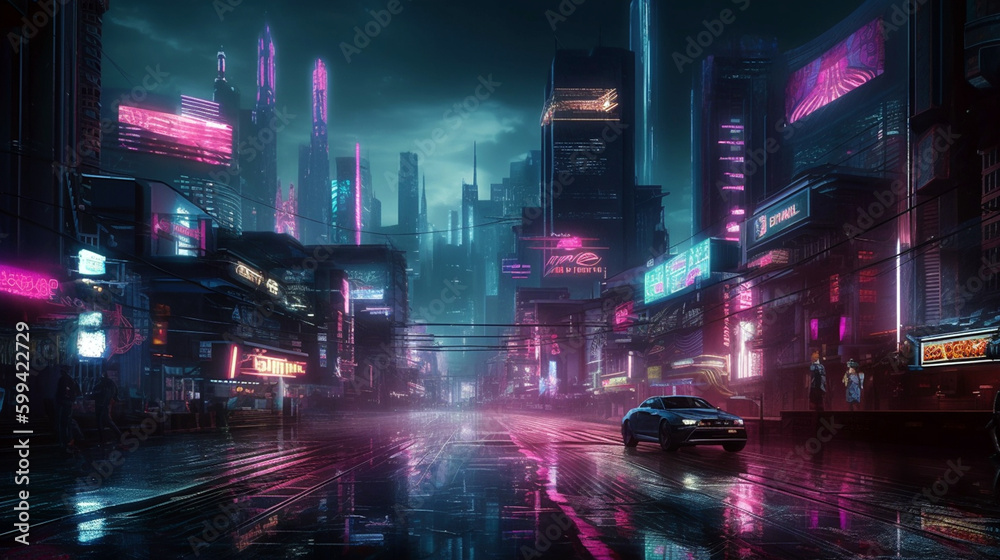 neon mega city with light reflection from puddles on street heading toward buildings. Generative AI