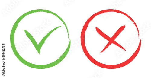 Signs of tick and cross. Icons drawn by hand. Two options. Yes and No. Isolated elements.