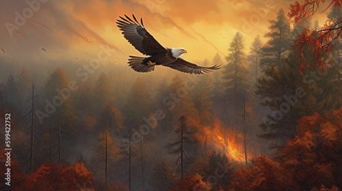 bald eagle flying over the forest at sunset.generative ai