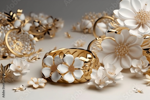 mural illustration background with golden jewelry and flowers, decorative wallpaper. AI generative