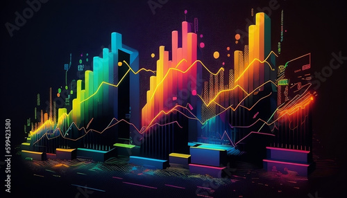 Stock Markets Creative Illustration. High Quality Resolution, Stock Charts, Graphs, Bright Colours, creative Design.