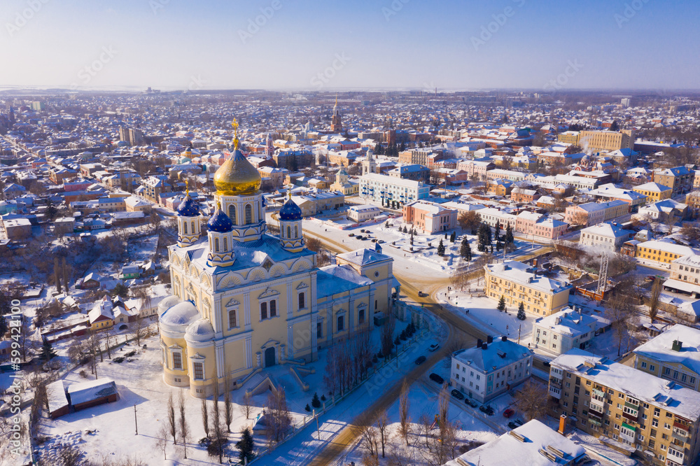Top view of winter residential areas and Ascension Cathedral located in historical center of the city of Yelets, Russia
