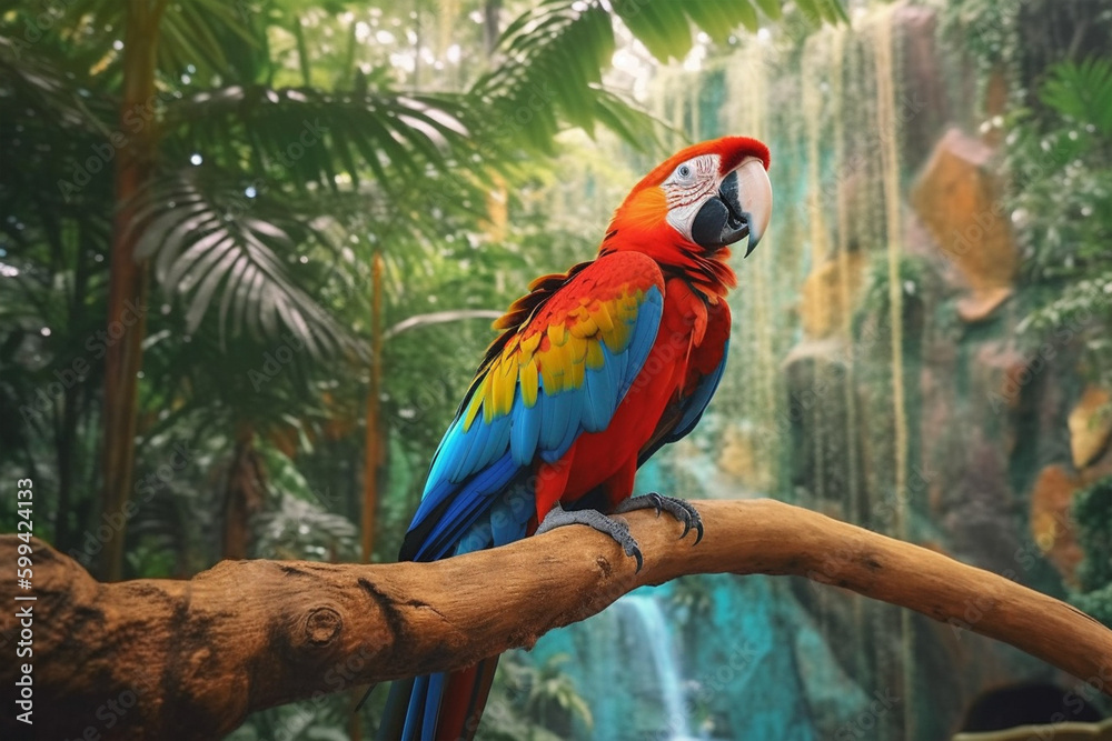 blue and yellow macaw in rainforest made with generative ai