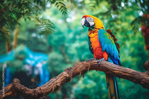 blue and yellow macaw in rainforest, made with generative ai
