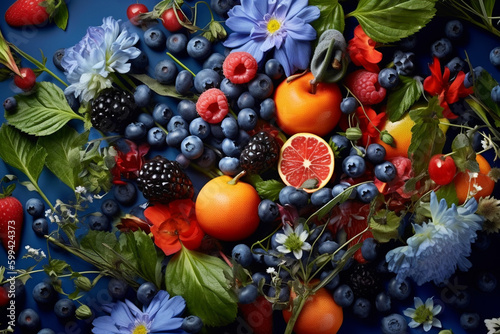 Colorful and Bright Illustration of Many Flowers and Berries. generative ai 