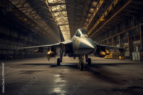 fighter jet in hangar made with generative ai