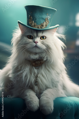 Beautiful Fancy White Cat Wearing Top hat. Generative ai © Anna Hoychuk