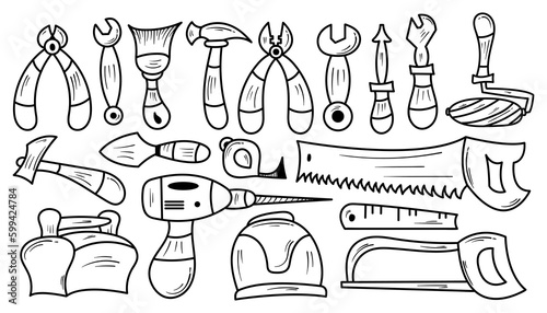 Hand Drawn Sketch Collection Doodle Building Tools. Suitable for Building Tools Vector Icon Set