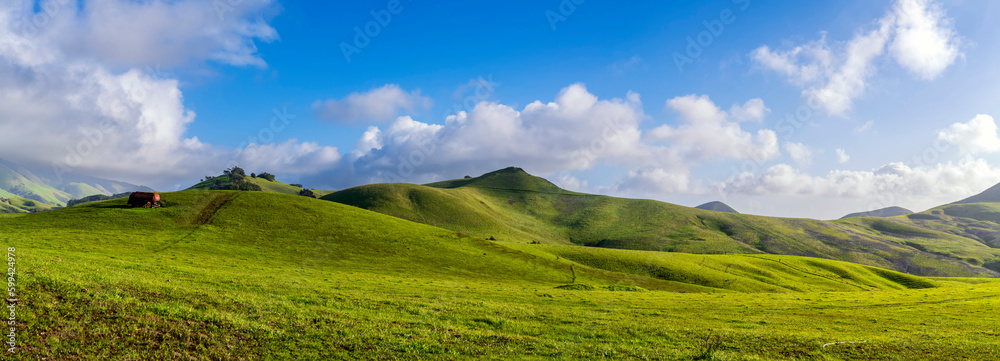 panorama of the mountains, clouds, grass, pasture