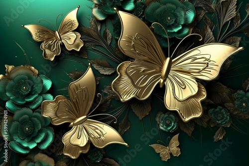 abstract floral background with green flowers and golden butterfly. AI generative