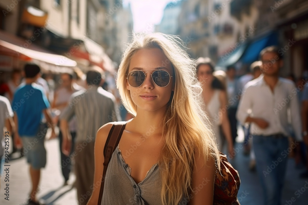 young adult woman go on vacation, sunny weather summer clothes, travel and summer vacation, side street with tourists. Generative AI