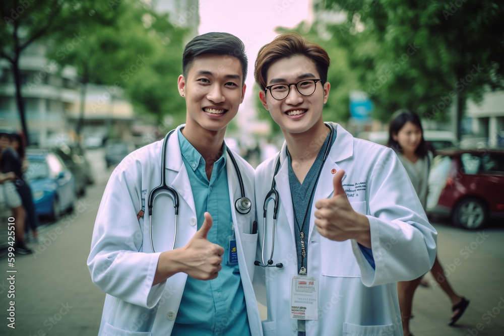 two young friendly joyful doctors doctors with thumbs up. Generative AI two young friendly joyful doctors doctors with thumbs up. Generative AI