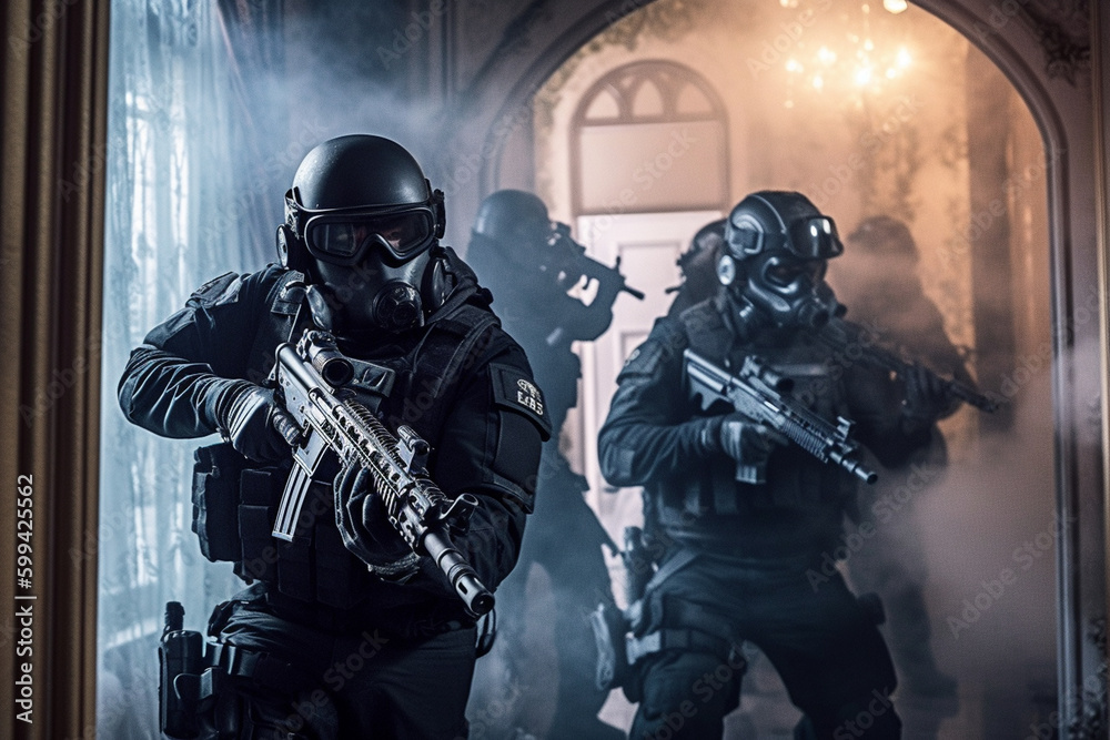 Police team group special operations fighters dark uniform, helmet with ballistic goggles, armed assault rifle breaking in, drama lights dramatic fictional scene. Generative AI