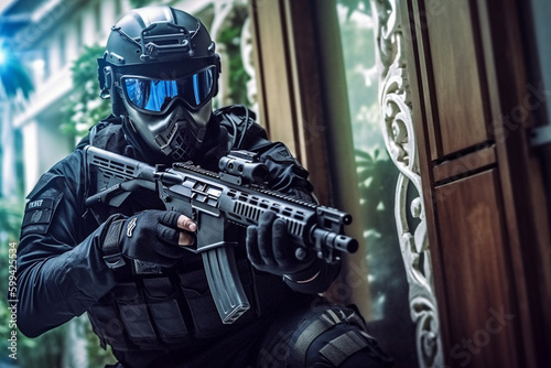 Soldiers or Police special operations fighters dark uniform, helmet with ballistic goggles, armed assault rifle breaking in, drama lights dramatic fictional scene. Generative AI