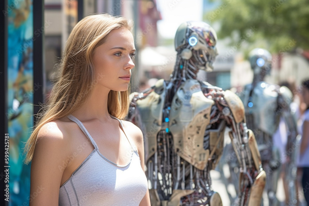 a young attractive woman half-robot or a humanoid android with artificial intelligence parts or a technological upgrade as human evolution, mechanical body parts. Generative AI