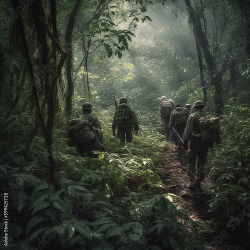 guerilla warfare, world war, vietnam war, D-day. Soldiers in the forest, walking.