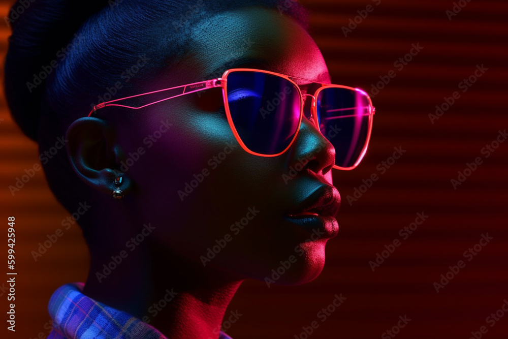 young adult african american woman with sunglasses and creative lights. Generative AI young adult african american woman with sunglasses and creative lights. Generative AI