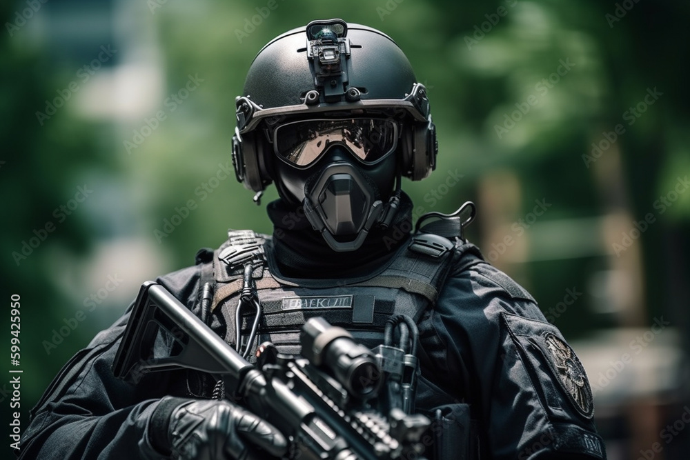 Police or soldier special operations fighters in dark uniform, helmet with ballistic goggles, armed assault rifle breaking in, drama lights dramatic fictional scene. Generative AI
