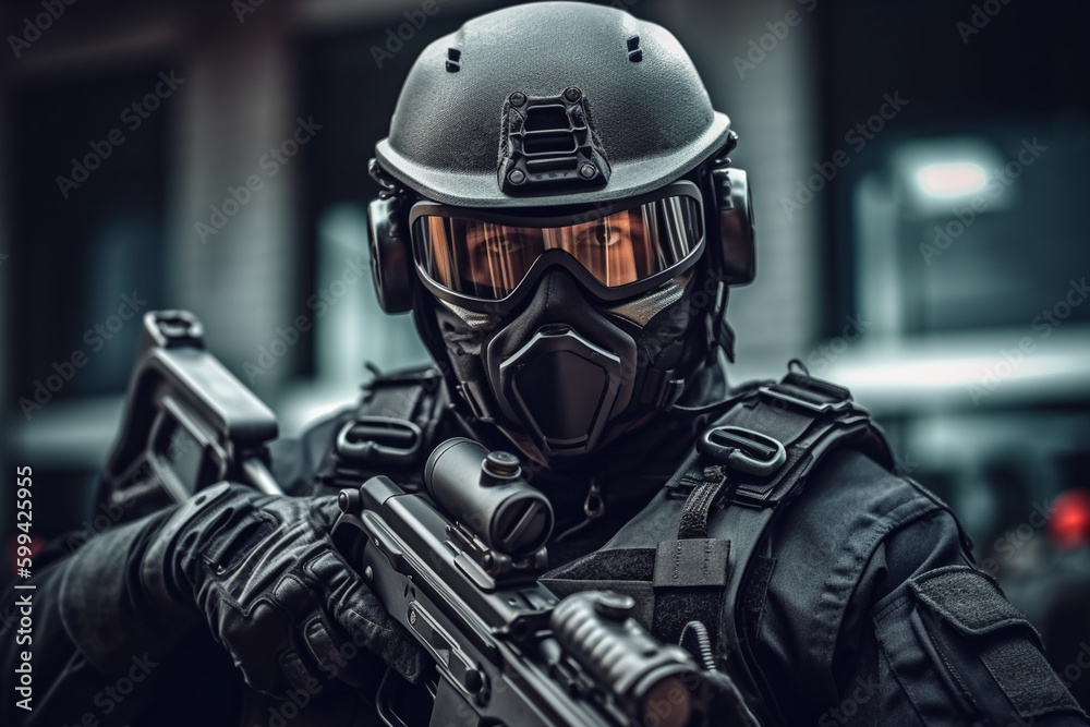 Police special operations fighters dark uniform, helmet with ballistic goggles, armed assault rifle breaking in, drama lights dramatic fictional scene. Generative AI