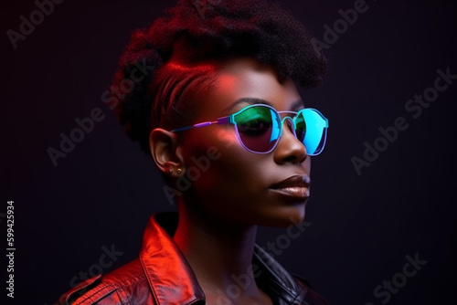 young adult african american woman with sunglasses and creative lights. Generative AI