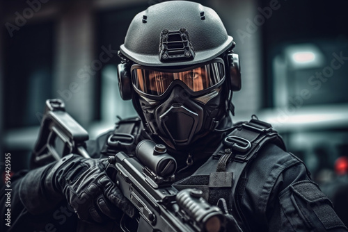 Police special operations fighters dark uniform, helmet with ballistic goggles, armed assault rifle breaking in, drama lights dramatic fictional scene. Generative AI © wetzkaz