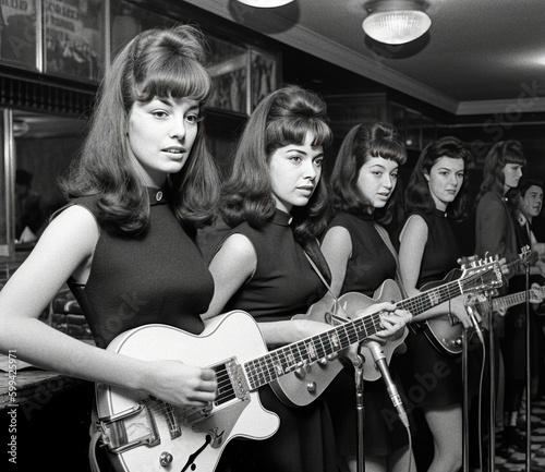 60s Women Rock Band Playing Guitars - generative AI