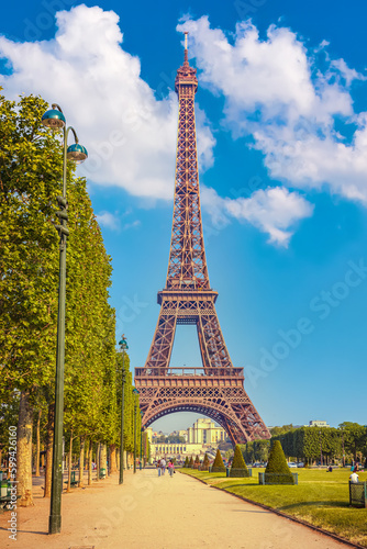Eiffel Tower over blue sky in Paris  France