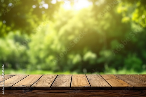 empty wooden table against green background nature or garden. Generative AI