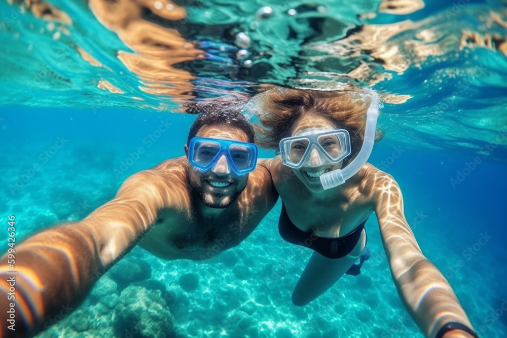 Swim and dive in the sea, take selfie photo, vacation, fun and joy in the clear clean water. Generative AI