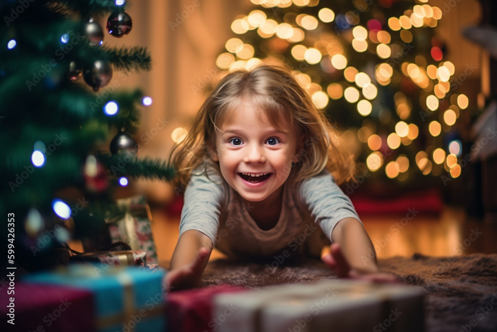 © wetzkaz - happy child looking at in the background decorated christmas tree christmas gifts festive indoor big living room with christmas gifts on the floor . Generative AI © wetzkaz - happy child looking at in the background decorated christmas tree christmas gifts festive indoor big living room with christmas gifts on the floor . Generative AI