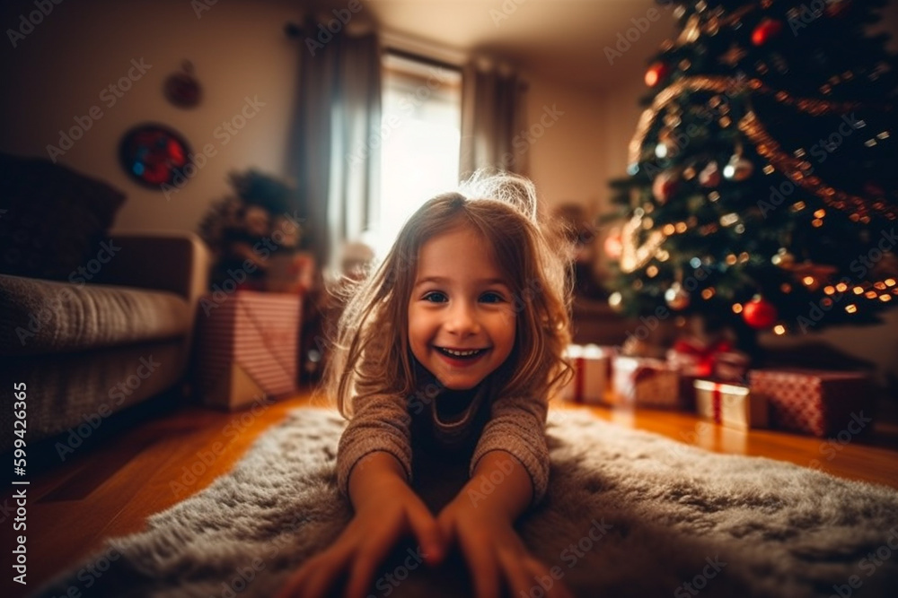 happy child looking at in the background decorated christmas tree christmas gifts festive indoor big living room with christmas gifts on the floor . Generative AI happy child looking at in the background decorated christmas tree christmas gifts festive indoor big living room with christmas gifts on the floor . Generative AI