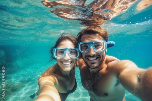 Swim and dive in the sea, take selfie photo, vacation, fun and joy in the clear clean water. Generative AI