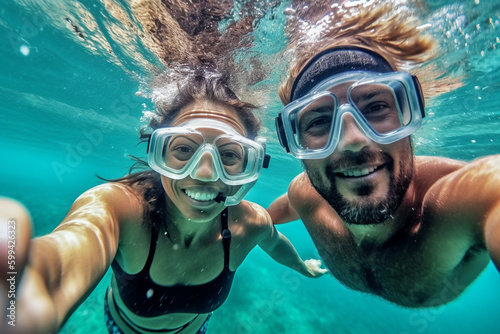 Swim and dive in the sea, take selfie photo, vacation, fun and joy in the clear clean water. Generative AI