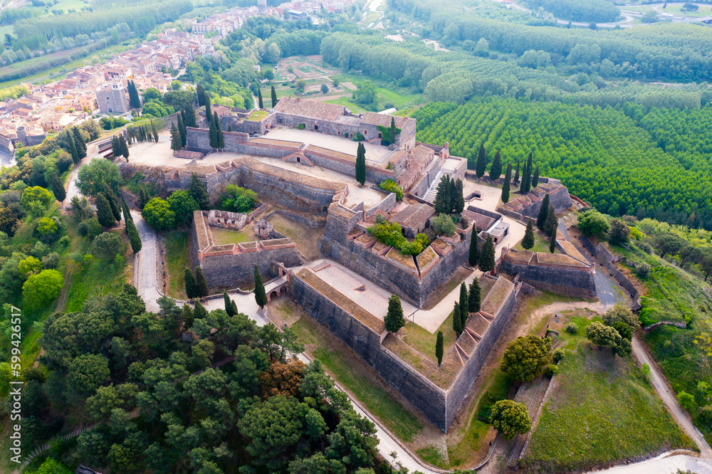 Aerial view of medieval castle of Hostalric. Catalonia. Spain