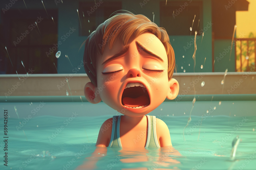screaming crying child in swimming pool outside in front of simple