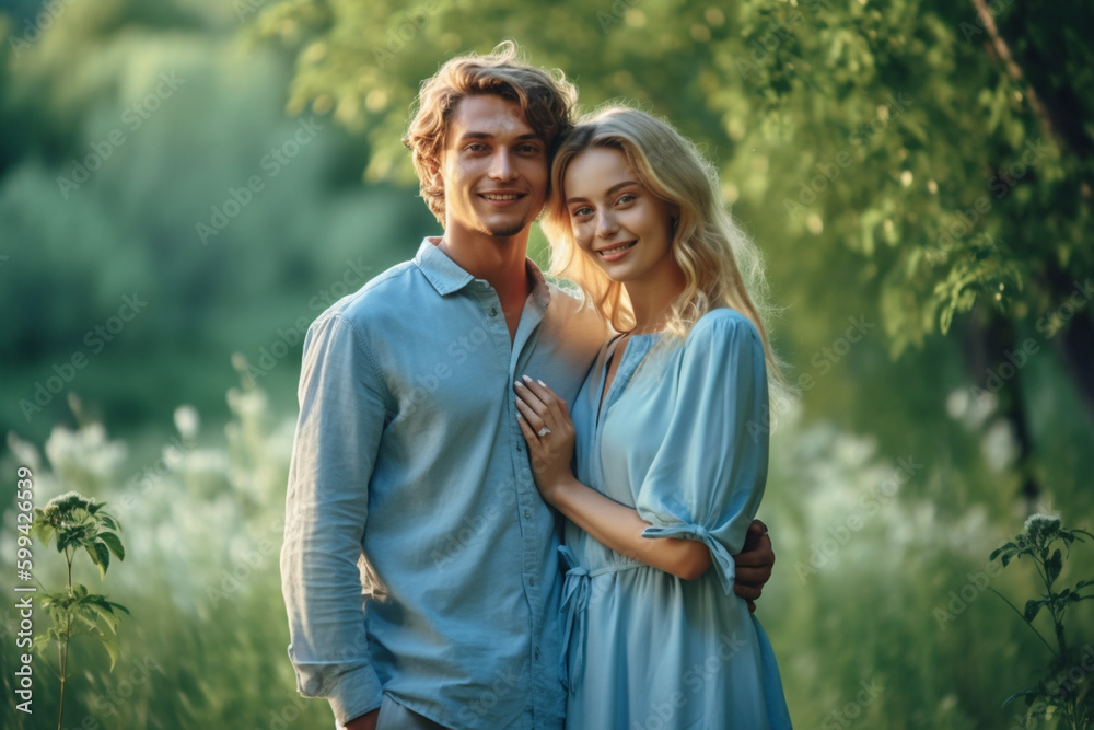 blonde girl young adult woman or teenager wears light blue dress and a young teenage boy or young adult man in a blue summer shirt outdoor. Generative AI blonde girl young adult woman or teenager wears light blue dress and a young teenage boy or young adult man in a blue summer shirt outdoor. Generative AI