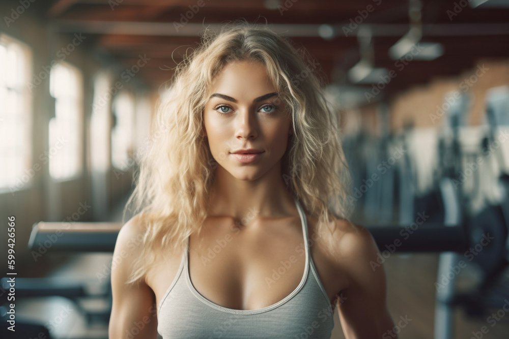 athletic young adult woman in gym in sportswear form fitting, slim sporty figure, in her twenties thirties. Generative AI