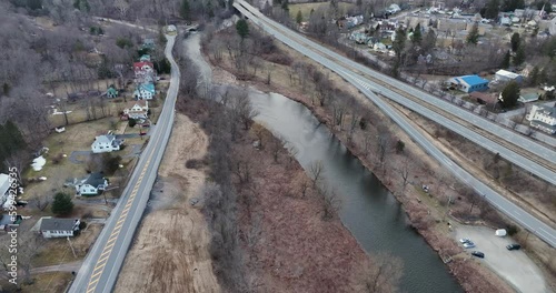 Scenic aerial view of Roscoe NY and Tree Covered Mountains in the Catskills 
 photo