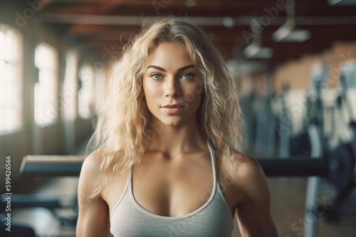 athletic young adult woman in gym in sportswear form fitting, slim sporty figure, in her twenties thirties. Generative AI