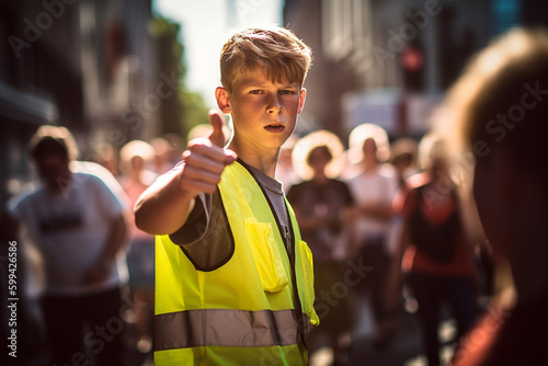 young teenager, boy is outraged and angry and aggressive, protester is demonstrating, wearing safety vest. Generative AI