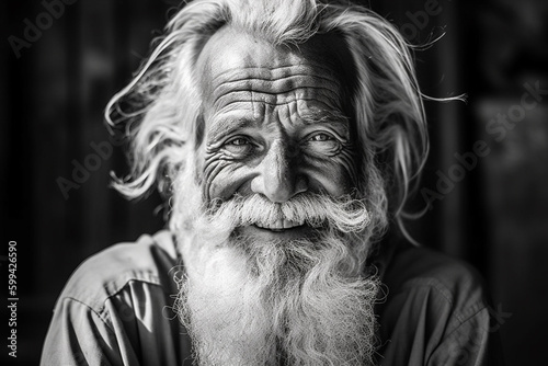 a very old man with wrinkles and gray hair, long gray beard, happy and content, laughing and smiling face, closeup of contentment. Generative AI