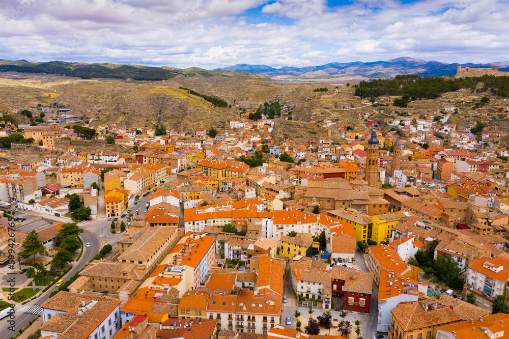 View from drone of Calatayud cityscape with ancient Mudejar-style tower, Aragon, Spain