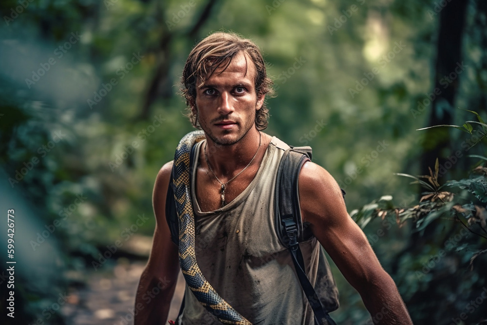 adult young man survivor jungle adventure survivor with dirty face and dirty shirt slightly torn, in the background trees, a snake. Generative AI