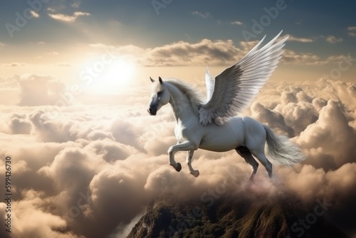 Fairy pegasus in the mountains above the clouds, selective focus. AI generated, human enhanced © top images