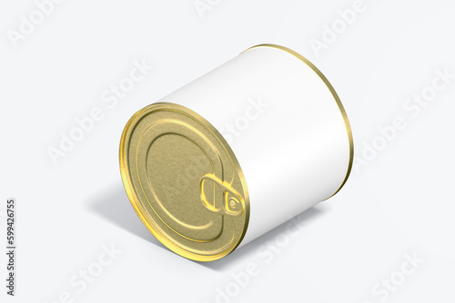 Blank tincan gold metal Tin Can with key, canned Food. Isolated on white background. Mockup. , 3D illustration, 3D rendering.
