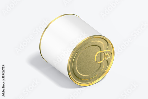 Blank tincan gold metal Tin Can with key, canned Food. Isolated on white background. Mockup. , 3D illustration, 3D rendering.